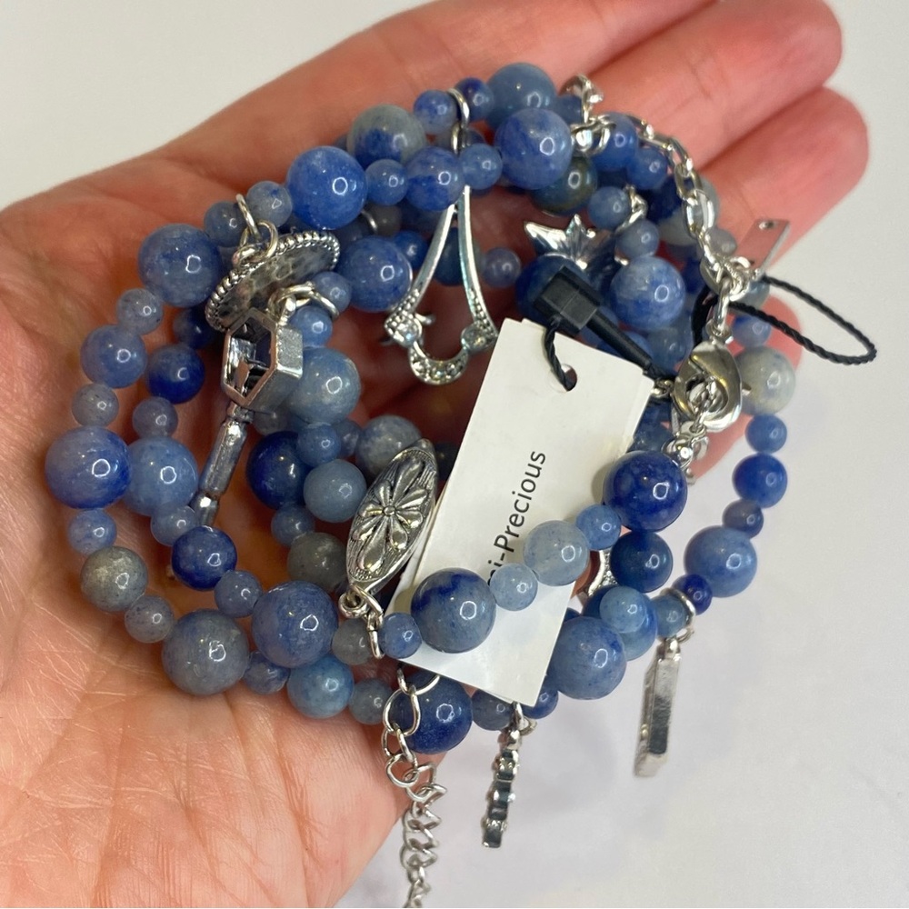 WHBM Blue Necklace Aventurine Stone Beaded Rhinestone Key Charm Long - Picture 3 of 14